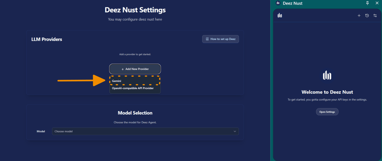 Provider selection screen with Gemini highlighted